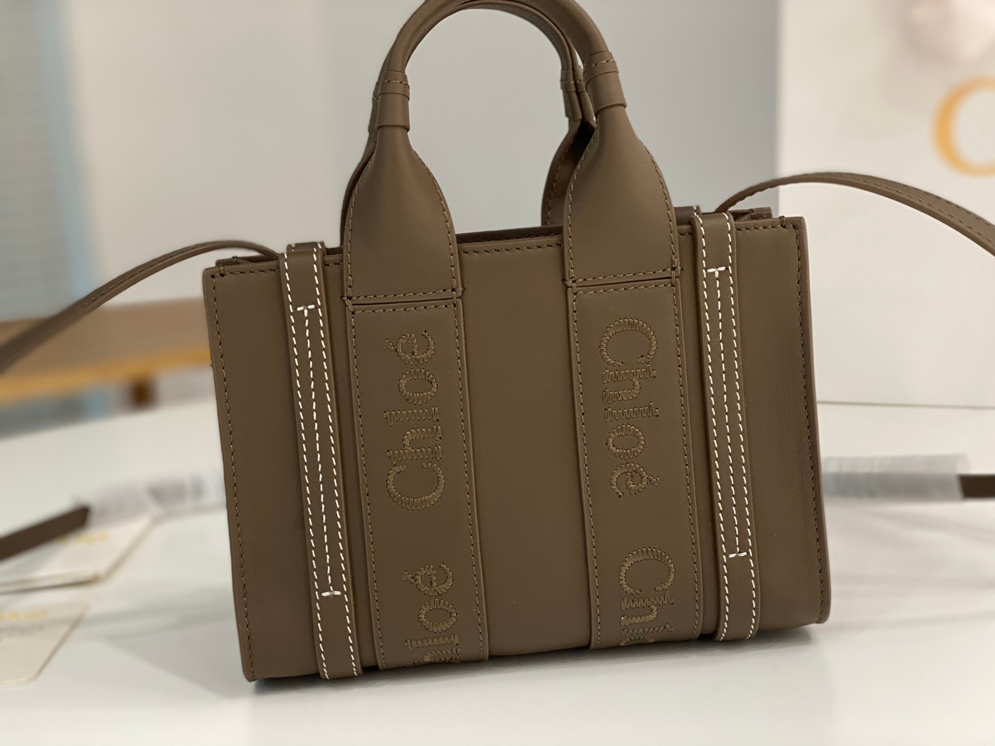 Chloe Mini Woody Tote Bag In Dark Khaki Soft Smooth Calfskin Leather